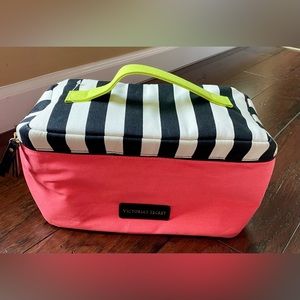 Victoria’s Secret coral pink, black striped, canvas lingerie travel bag  NWOT